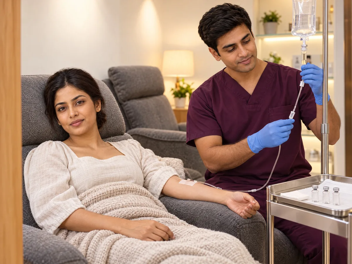 Glutathione Injection in Jaipur, Given as a Doctor-Monitored IV Drip: A client relaxing during a glutathione IV session | AI Aesthetics, C-Scheme
