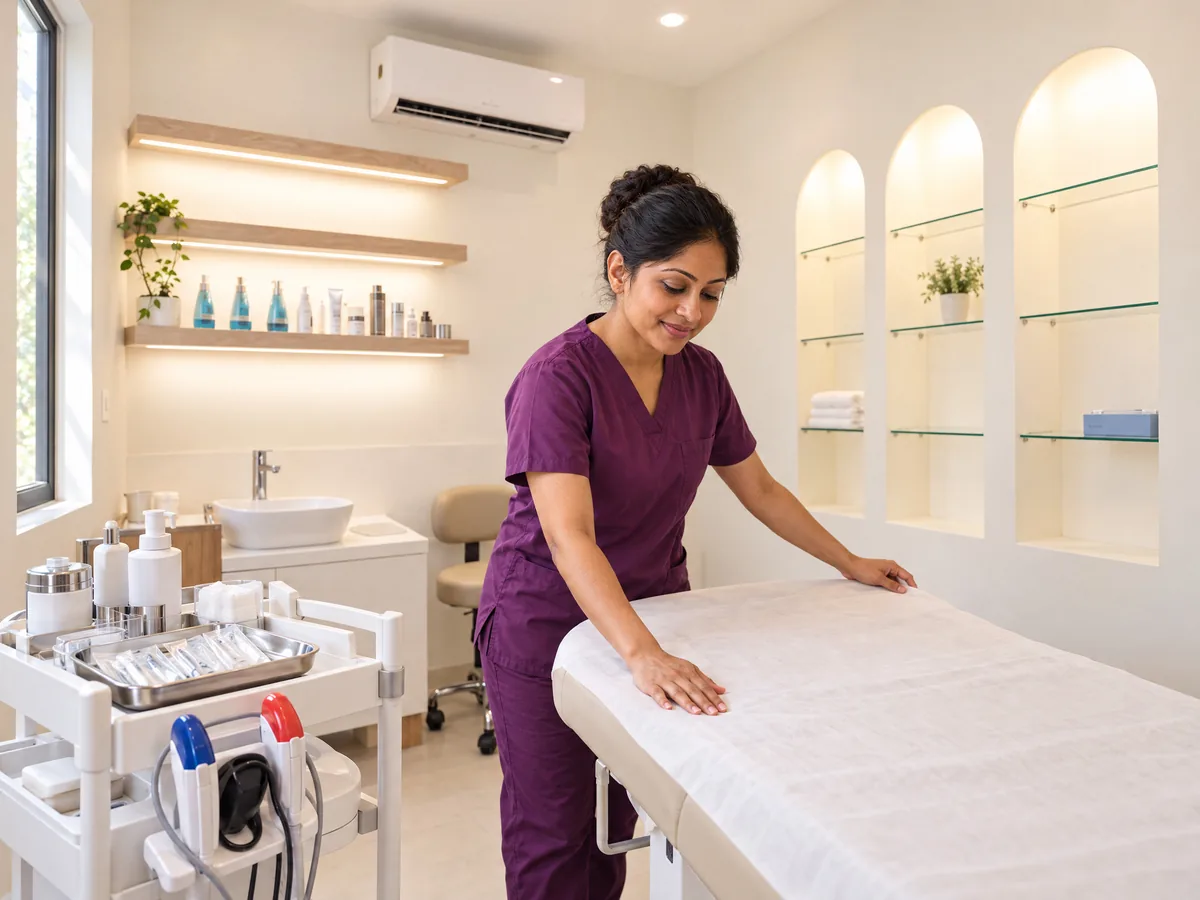 About AI Aesthetics: Therapist preparing a treatment room, C-Scheme, Jaipur