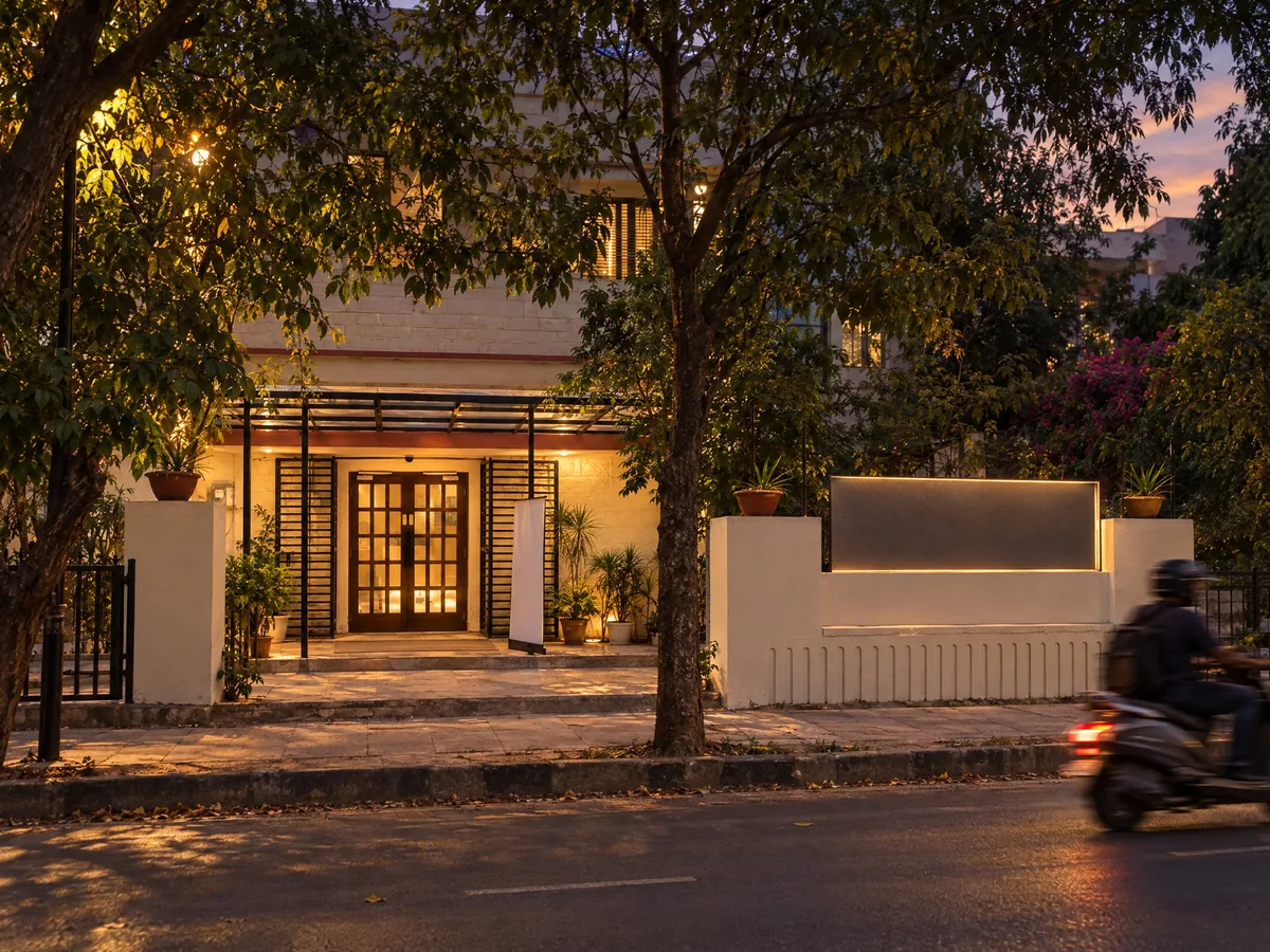 Arms Laser Hair Removal Jaipur: Central Jaipur location, AI Aesthetics clinic exterior at dusk, Bhagwan Das Road