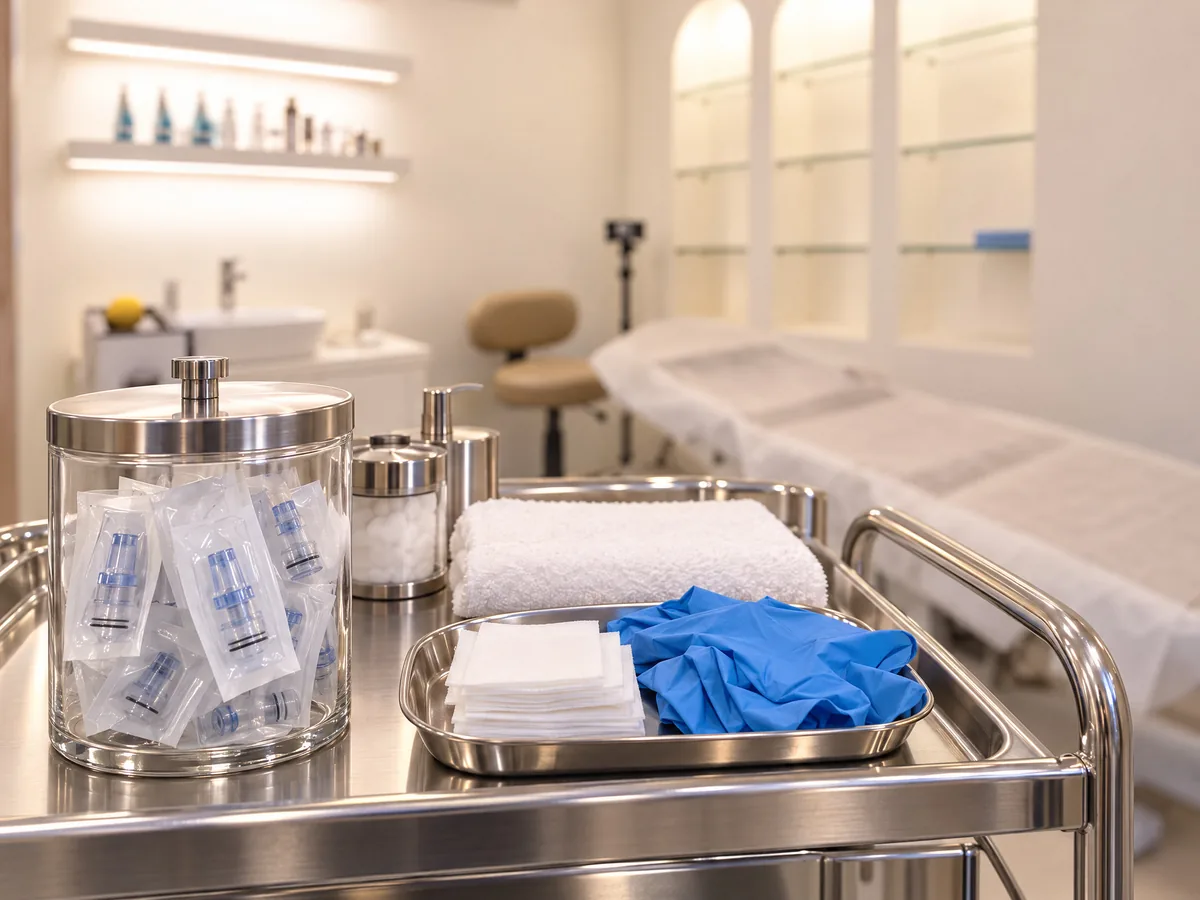 AI Customized Facial in Jaipur: Cleansing and preparation, Single-use tips, gloves and clean linen on a treatment trolley | AI Aesthetics, C-Scheme