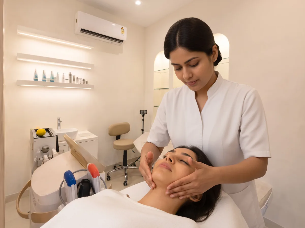 Post-Travel Recovery Facial Jaipur: 8. Relaxation or massage step where suitable, Massage step | AI Aesthetics, C-Scheme