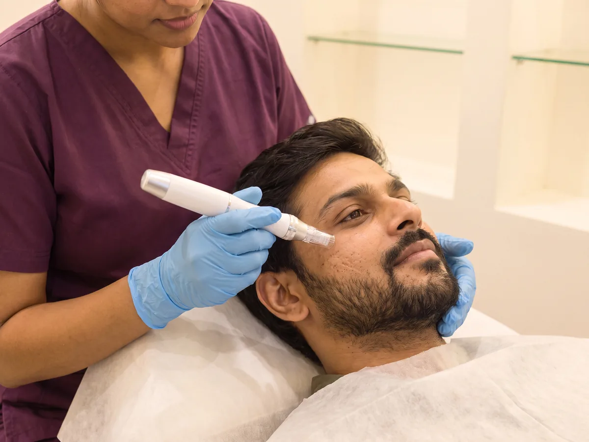 Acne Scar Treatment in Jaipur: Microneedling or collagen-induction planning where suitable, Microneedling step | AI Aesthetics, C-Scheme