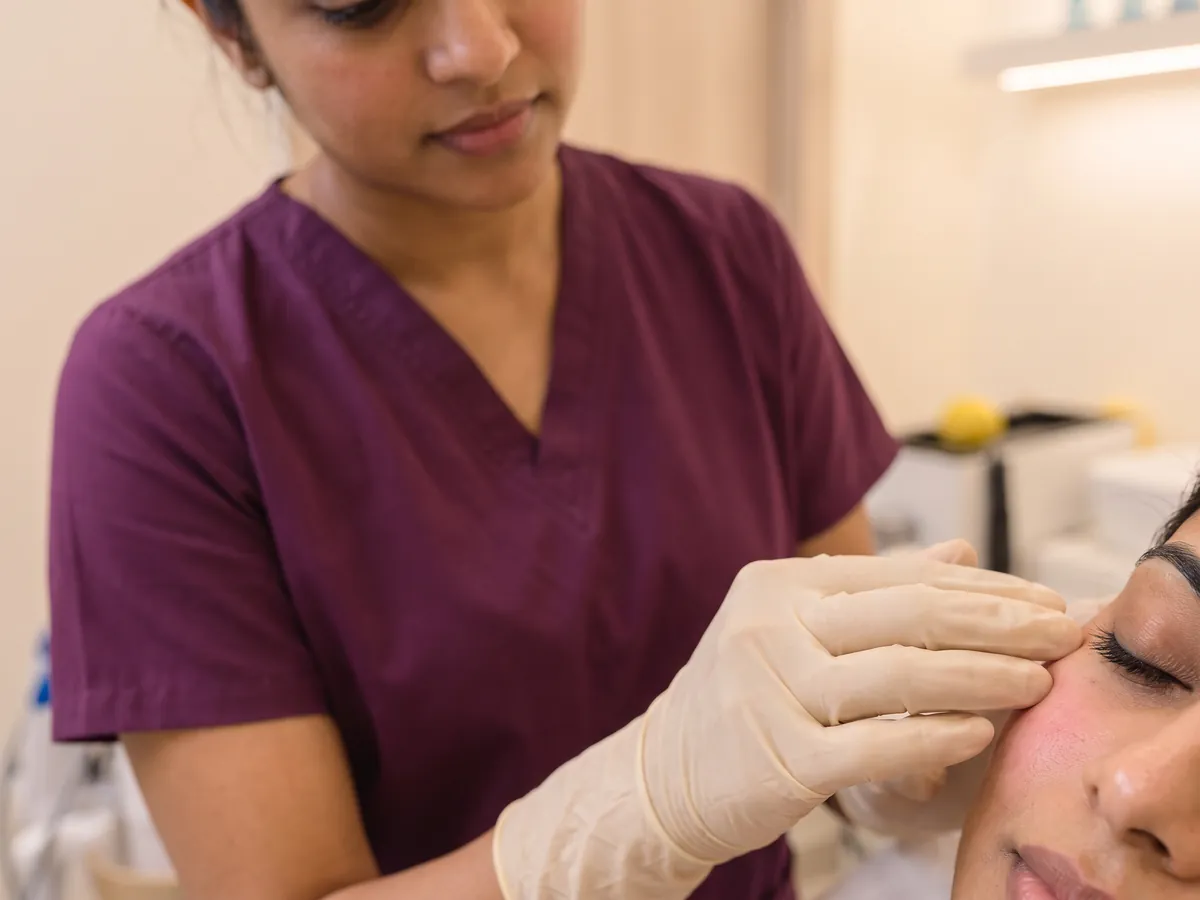 Double Chin Treatment Jaipur: Ignoring sudden swelling in the neck, After-effects check: a therapist gently checking a faintly pink | AI Aesthetics, C-Scheme