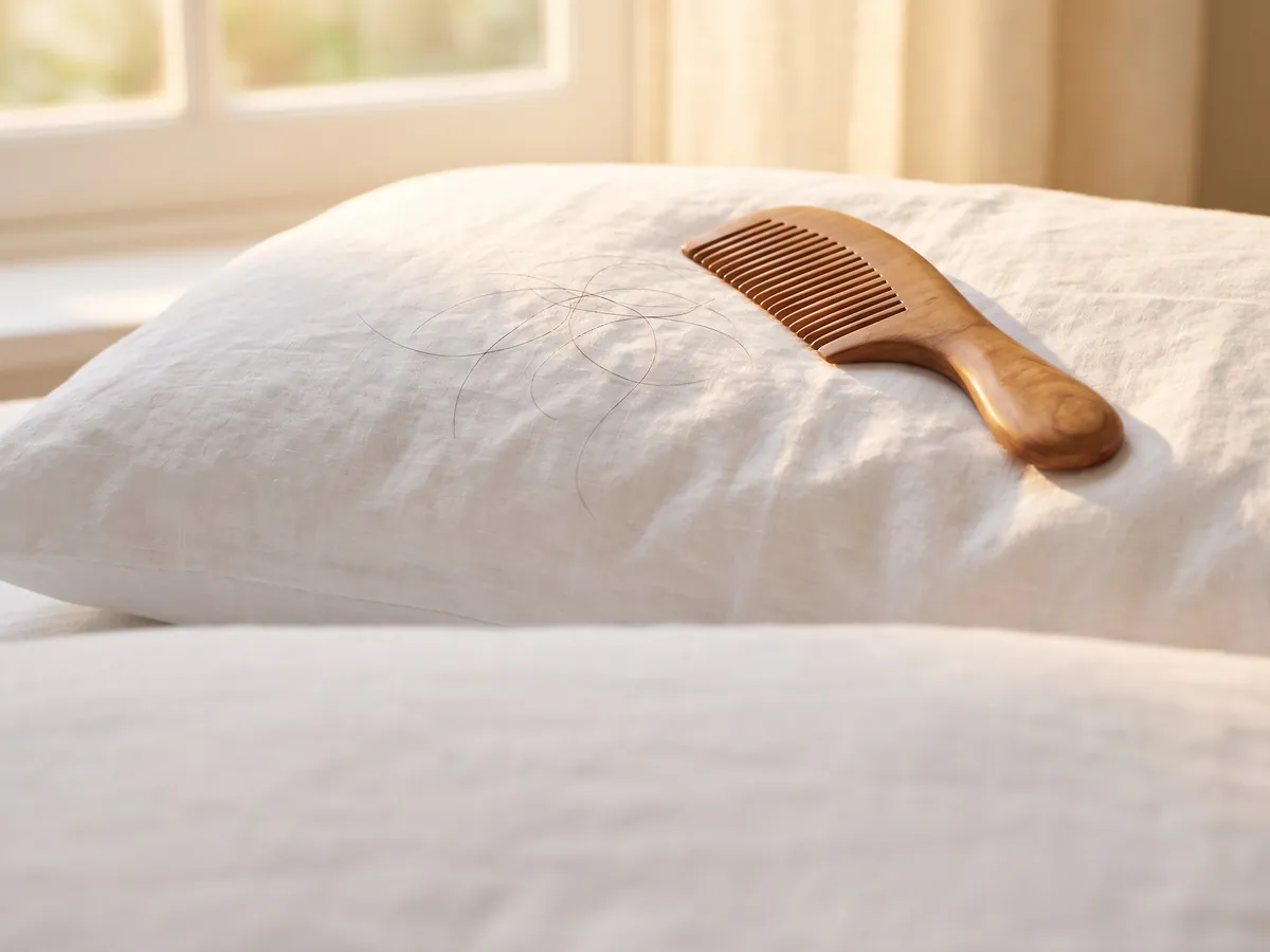 About AI Aesthetics: Hair Fall Treatment in Jaipur, Hair fall: a few shed hairs on a white pillow / comb