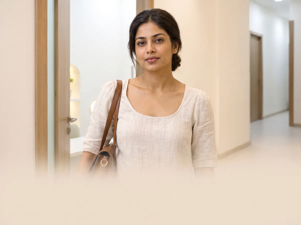 Facials Jaipur: Comfort with downtime, Low downtime: the client leaving the clinic with normal, calm skin, bag on shoulder | AI Aesthetics, C-Scheme