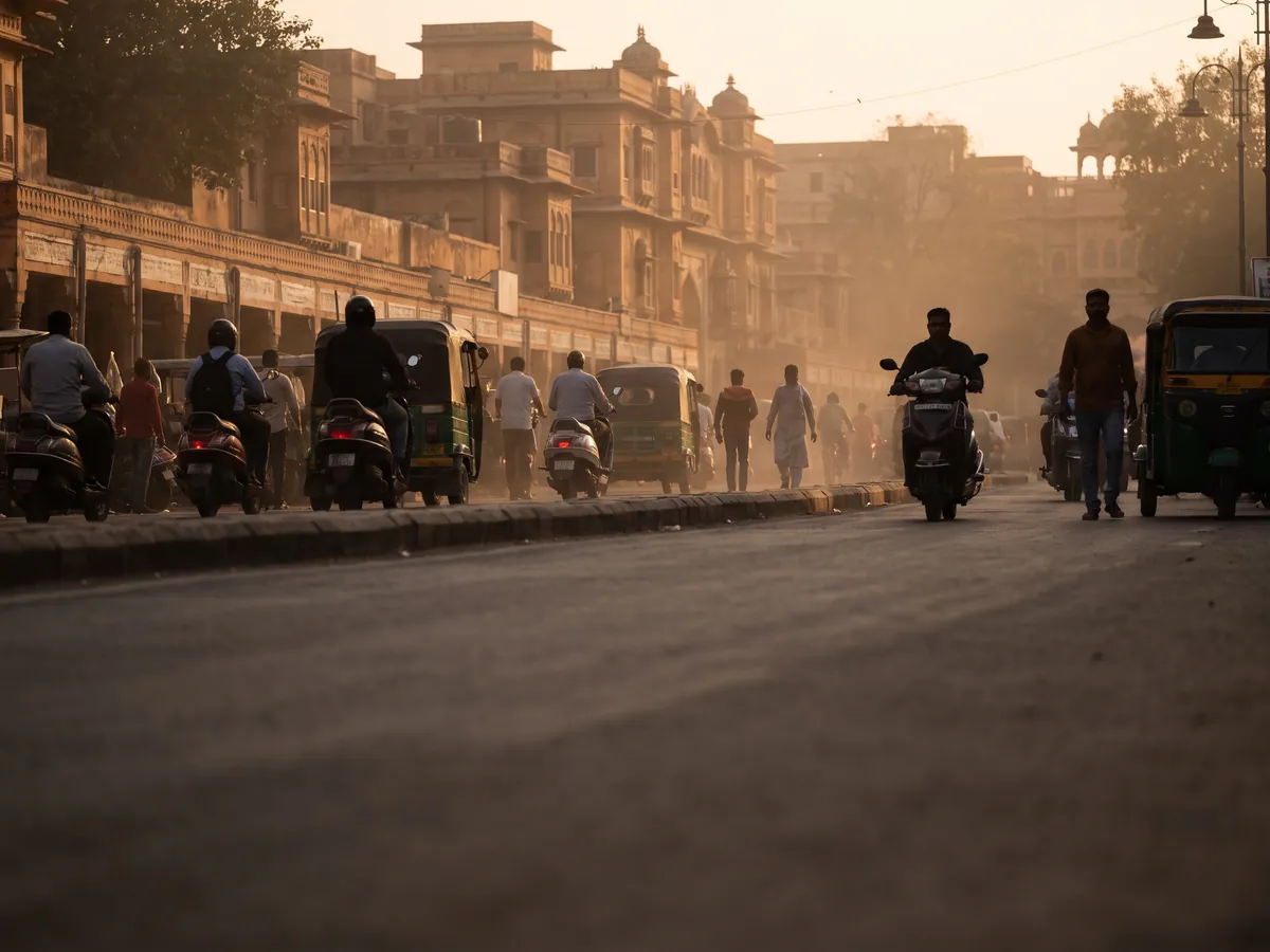 Oily Skin Treatment in Jaipur: Sweat and dust, Pollution: a hazy Jaipur traffic road at dusk, scooters, no faces | AI Aesthetics, C-Scheme
