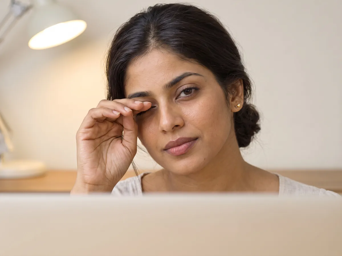 Fine Lines and Wrinkles Treatment Jaipur: Frown lines that make you look tired or cross, Tired skin: the client rubbing her eyes at a | AI Aesthetics, C-Scheme