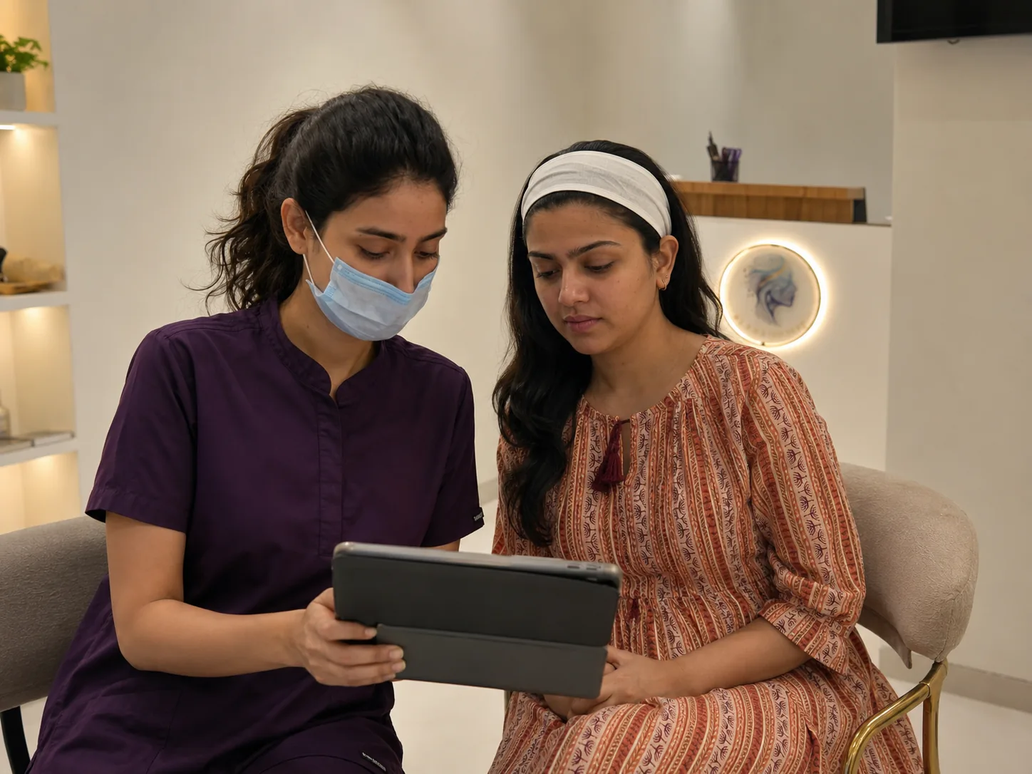 Therapist explaining AI skin analysis findings to a client on a tablet at AI Aesthetics, Jaipur