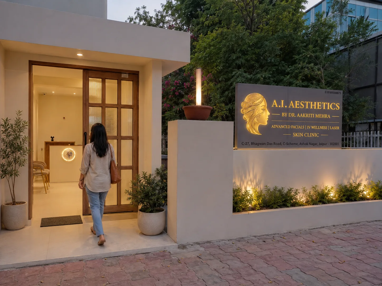 AI Aesthetics clinic entrance at C-27 Bhagwan Das Road, C-Scheme — laser hair removal clinic in Jaipur