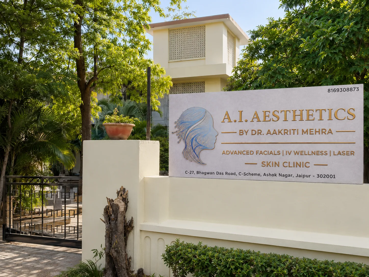 AI Aesthetics clinic daytime exterior signboard on Bhagwan Das Road, C-Scheme, Jaipur