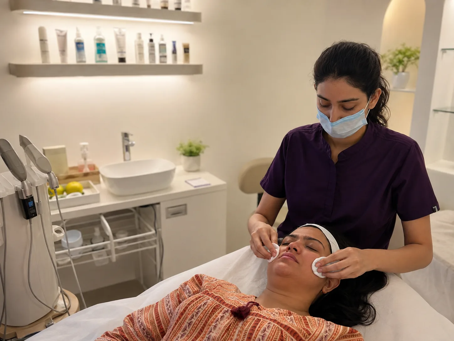 Certified therapist performing an assessment-led facial for pigmentation concerns at AI Aesthetics, C-Scheme, Jaipur