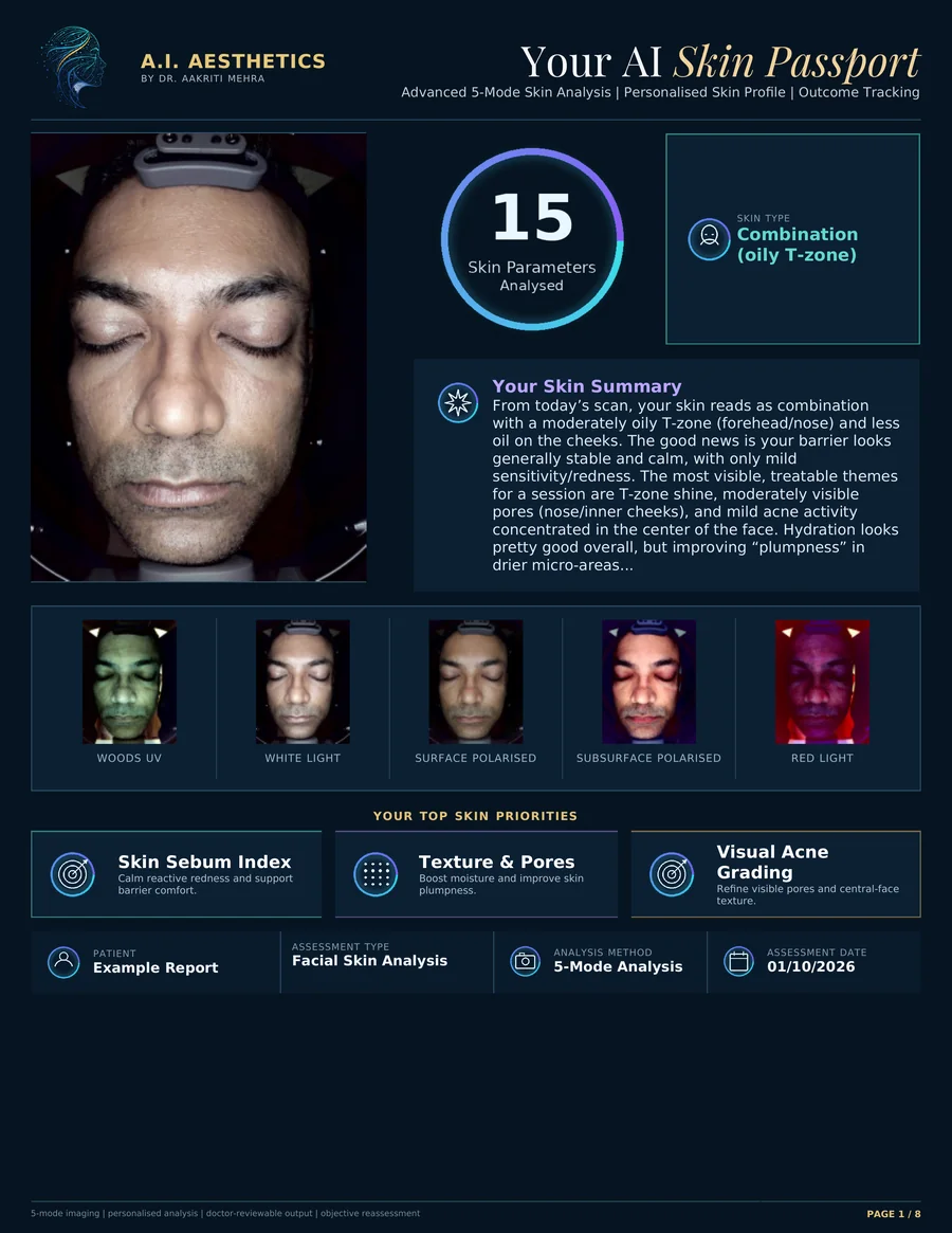 AI Customized Facial Jaipur: Your AI Skin Passport, Sample AI Skin Passport diagnostic report page | AI Aesthetics, C-Scheme
